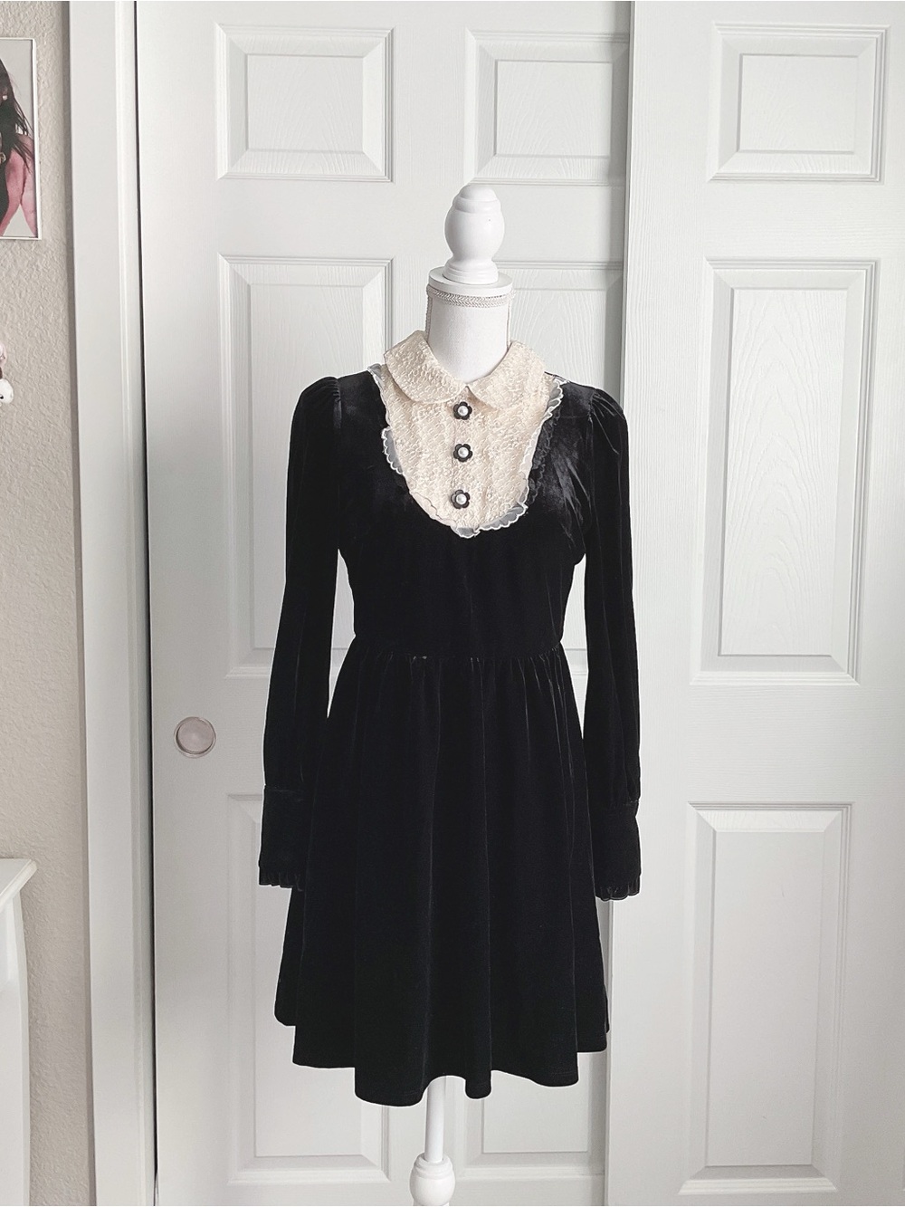 Black Velvet Dress with Cream Lace Collar